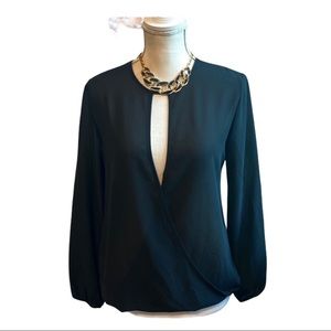 WAYF Top Deep V Long Sleeve Faux Wrap Sheer Black Size XS